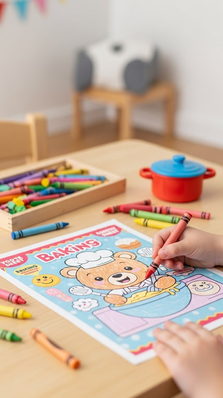 Bright Children's Baking Activity Sheet With Cheerful Bear Chef Illustration And Colorful Crayons