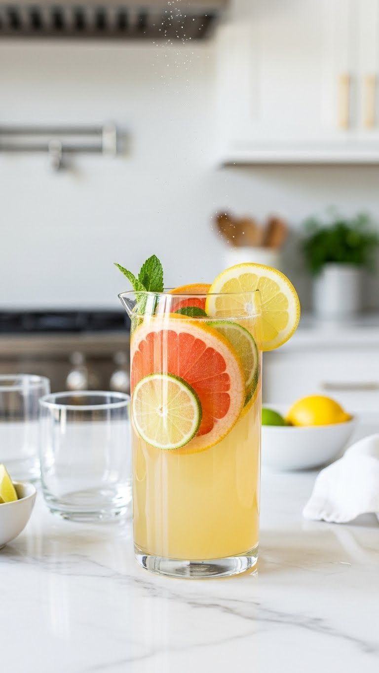 Bright Citrus Sparkler Punch In Tall Glass Carafe With Lemon, Lime, And Grapefruit Slices On White Marble Countertop