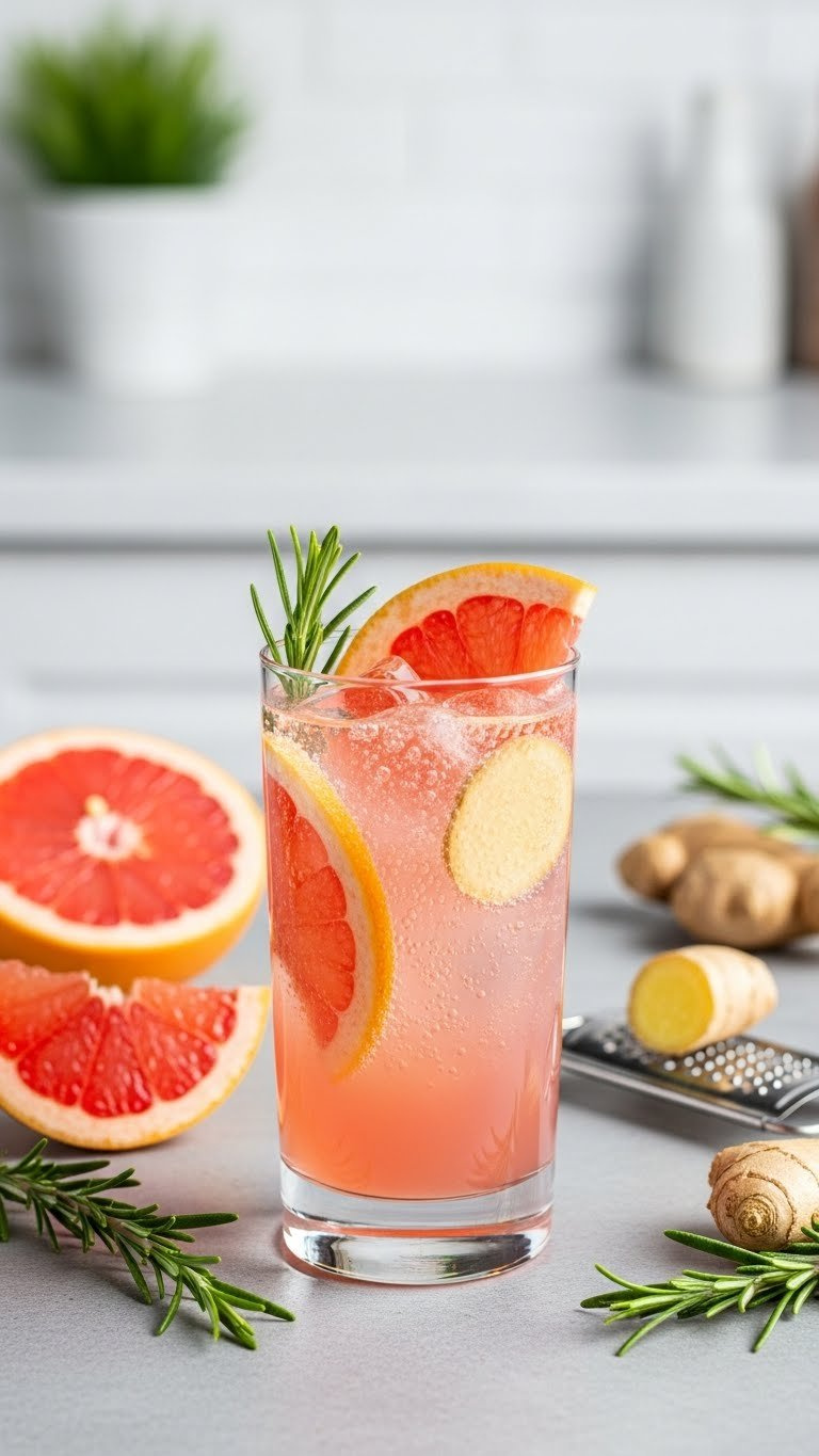 Bright Citrusy Grapefruit Ginger Fizz Mocktail In Highball Glass With Grapefruit Slices And Ginger Slivers
