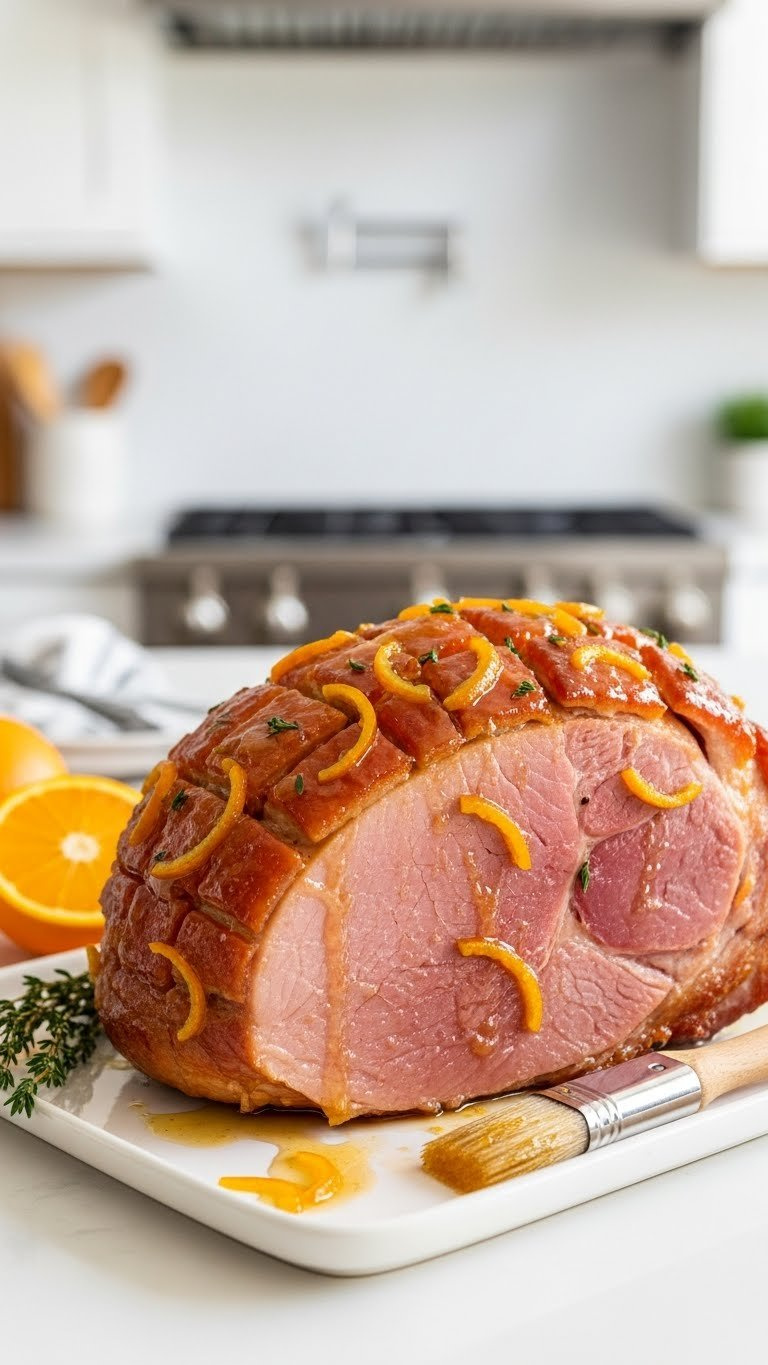 Bright Citrusy Orange Marmalade Glazed Ham With Visible Orange Peel Pieces On White Ceramic Platter