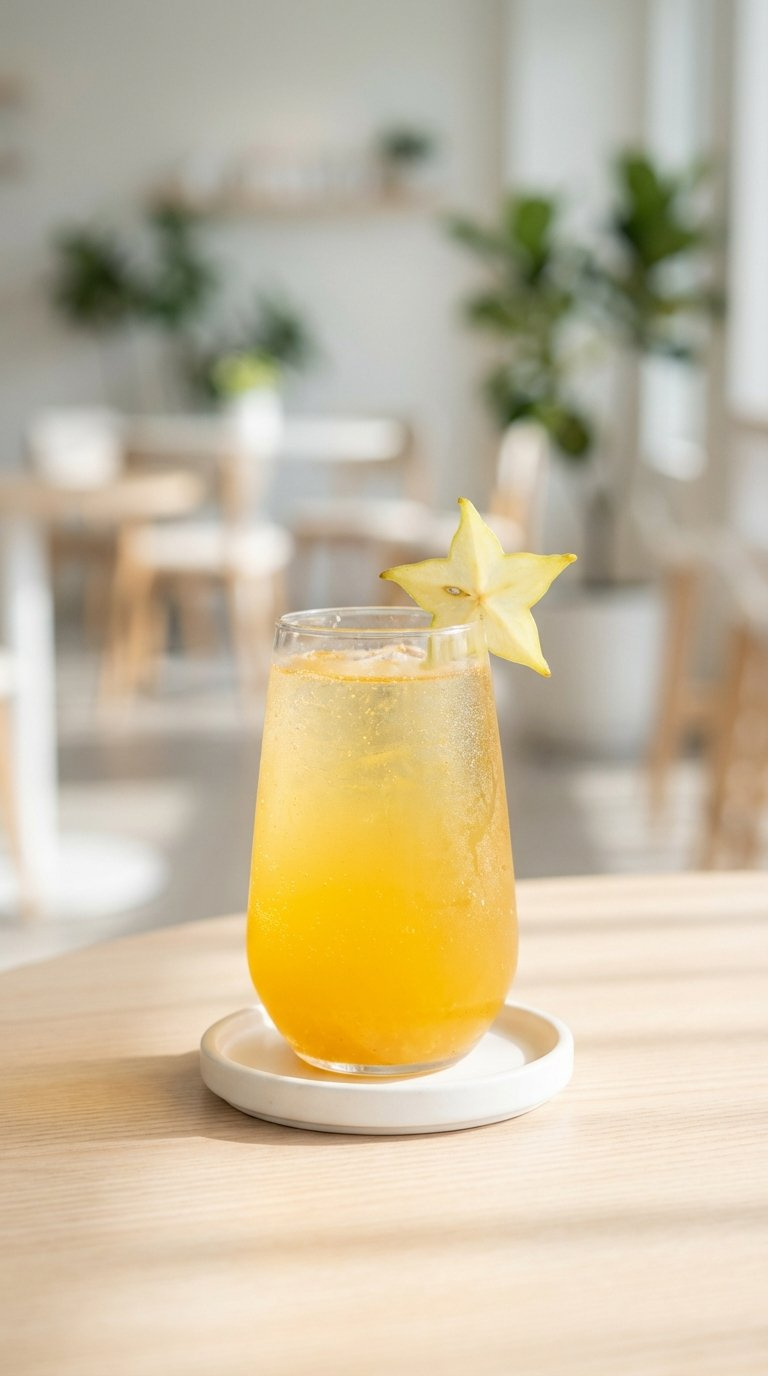 Bright Golden Sunshine Elixir In Sleek Glass With Star Fruit Garnish On Light-Colored Modern Table