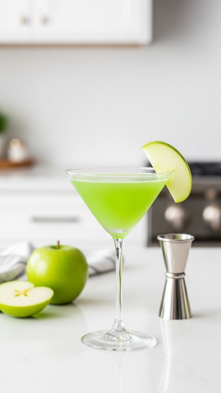 Bright Green Appletini Cocktail In Chilled Martini Glass With Apple Slice Garnish On White Bar Top.