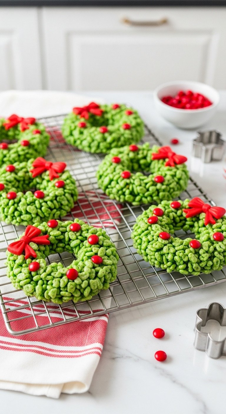 Bright Green Festive Rice Cereal Wreaths, Topped With Red Candy Berries And Bows, On A Cooling Rack Over A Striped Towel.