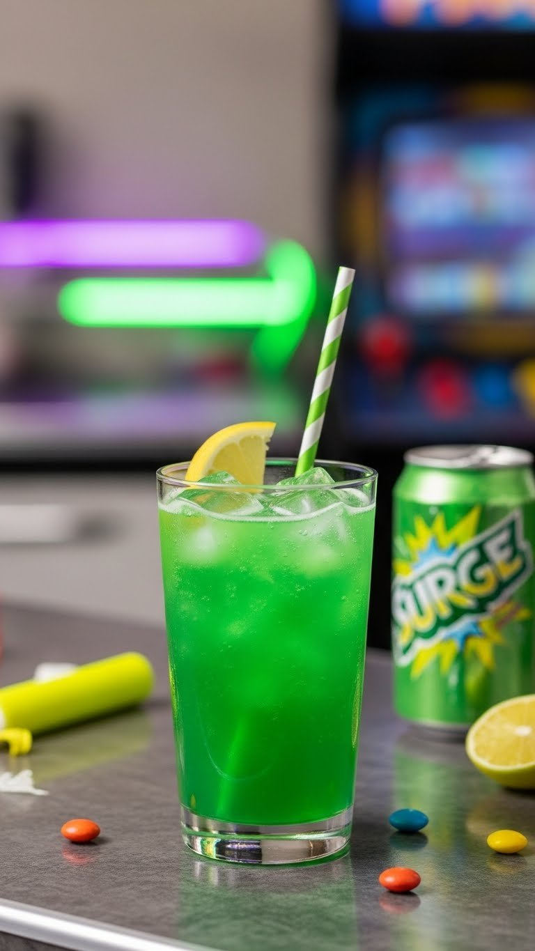 Bright Green Surge Cocktail In Highball Glass With Citrus Garnish On Retro Laminate Countertop.