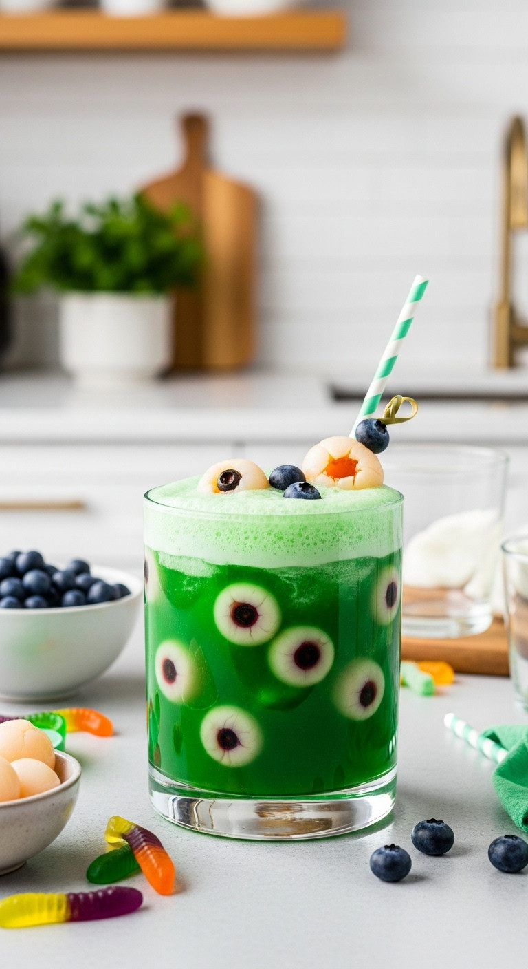Bright Green Sherbet Punch With Lychee Blueberry Eyeballs In A Modern Glass Punch Bowl