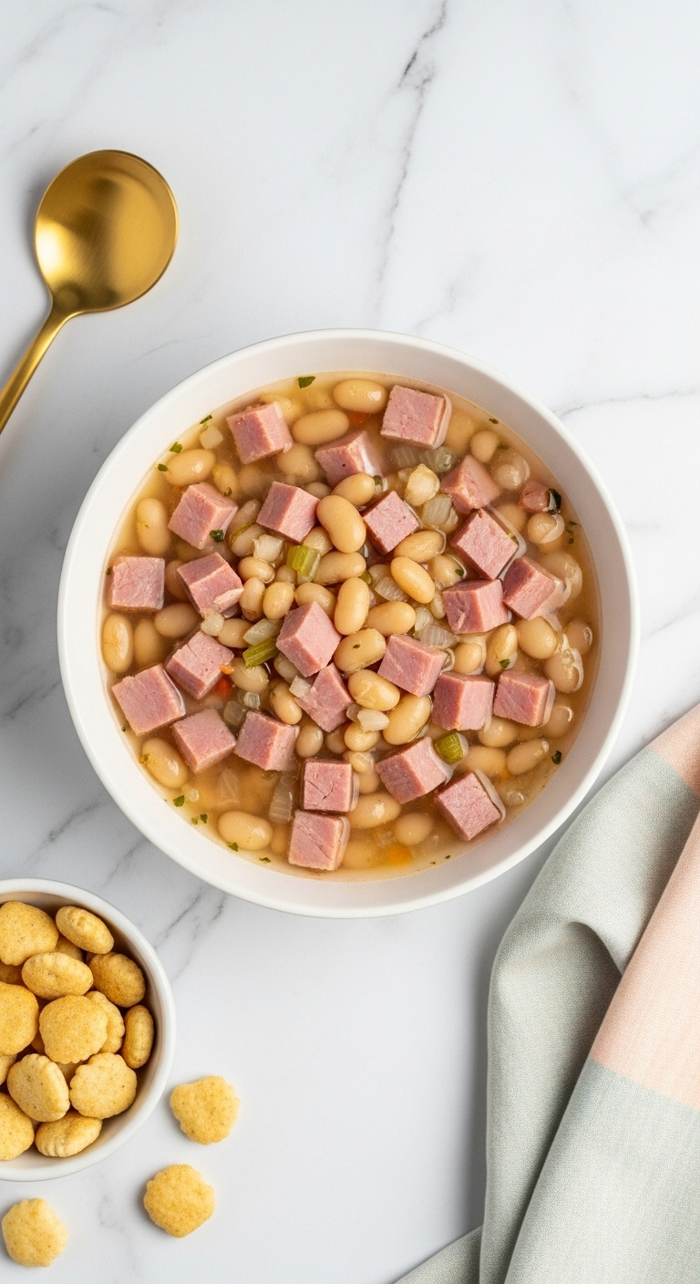 Bright Ham And Bean Soup With Canned White Beans And Diced Ham, Served In A Bowl On A White Marble Countertop With Oyster Crackers.