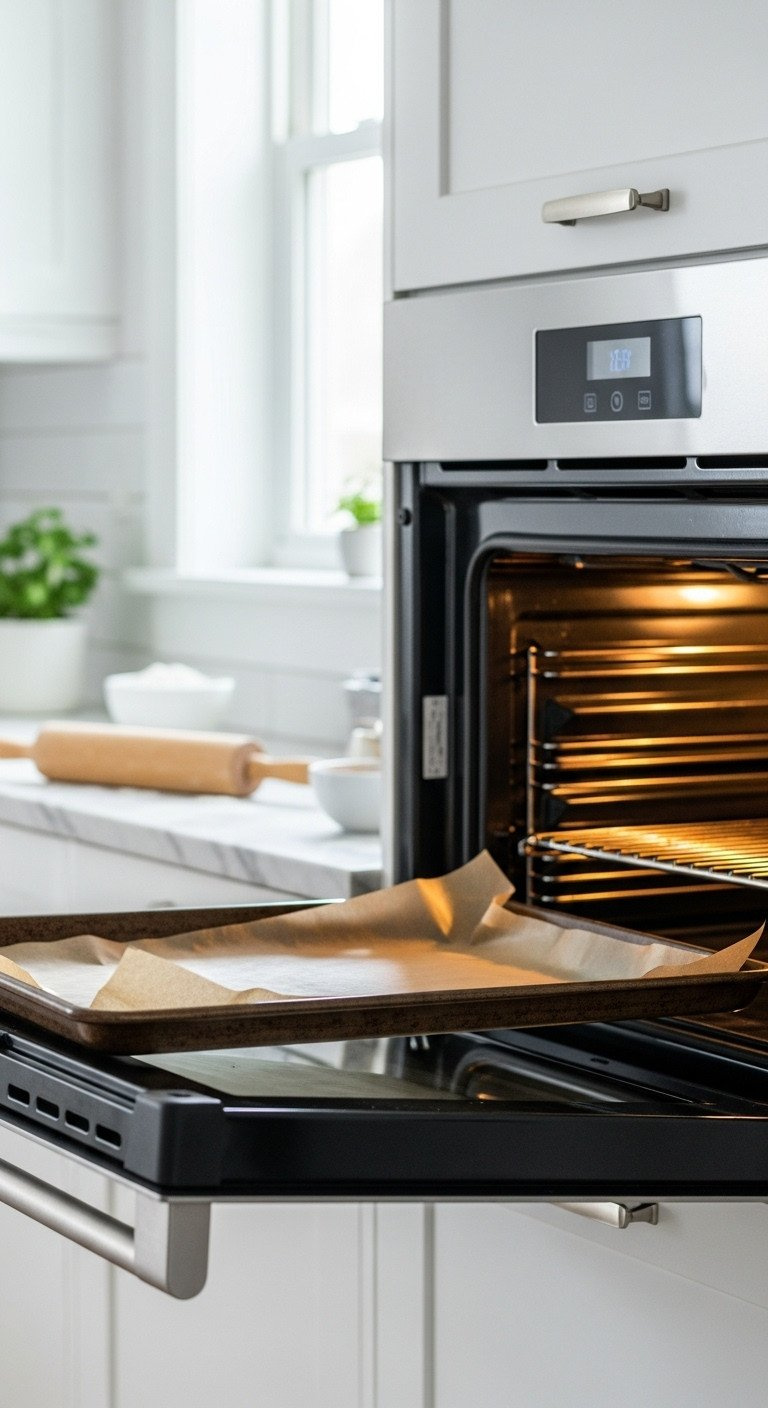 Bright Kitchen Baking Scene: Heavy-Duty Baking Sheet With Parchment Paper On Marble Counter. Oven Door Ajar, Flour Bowl &Amp; Rolling Pin.