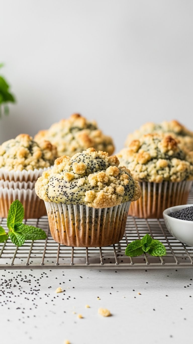 Bright Lemon Poppy Seed Muffins With Golden Streusel Topping, Moist Texture On A Wire Rack With Mint Sprig.