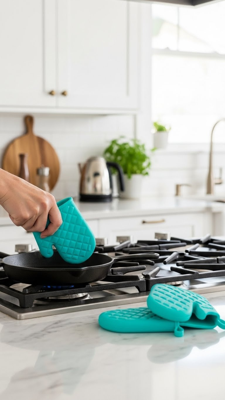 Bright Mini Silicone Oven Mitts Grasping Cast Iron Pan Handle On Stovetop With Modern Kitchen Accessories