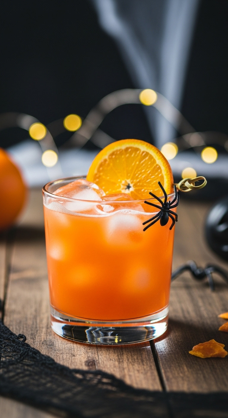 Bright Orange Jack-O-Lantern Vodka Smash Cocktail In Rock Glass, Orange Slice &Amp; Edible Spider Garnish, Halloween Party Decor.