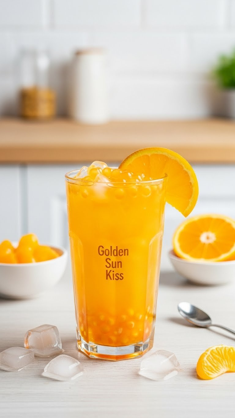 Bright Orange Boba Tea With Orange Slice Garnish And Light-Colored Pearls On Wooden Table