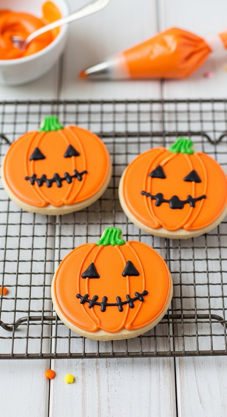 Bright Orange Jack-O'-Lantern Sugar Cookies With Black Icing Faces On A Vintage Cooling Rack. Fun Halloween Party Treats Recipe.