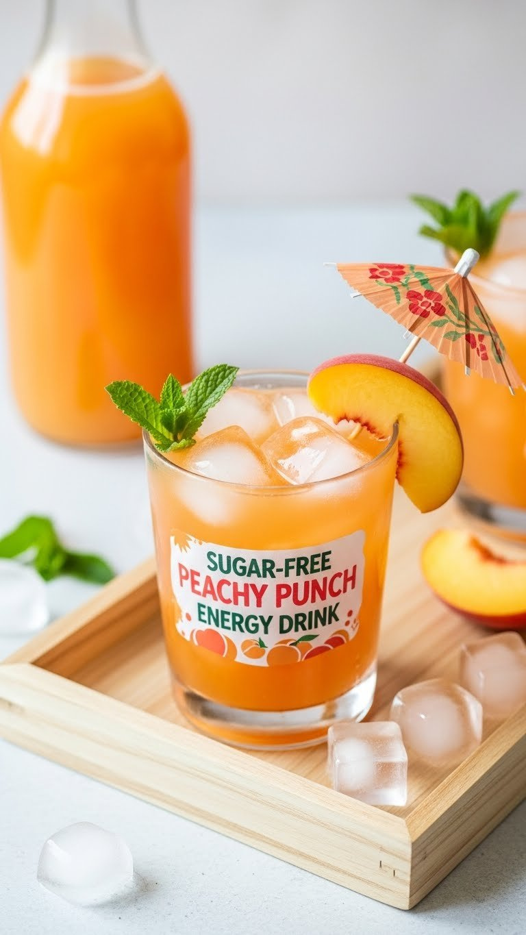 Bright Orange Sugar-Free Peach Energy Drink With Fresh Peach Slice Garnish On Light Wooden Tray Background.