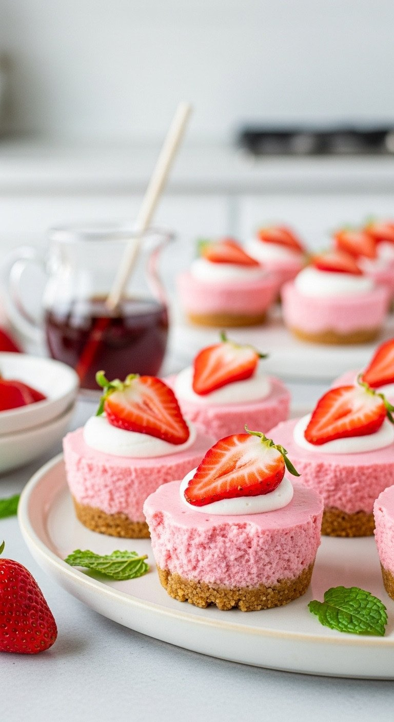 Bright Pink No-Bake Strawberry Cheesecake Bites With Graham Cracker Crust And Fresh Sliced Strawberry, Served On A Platter.