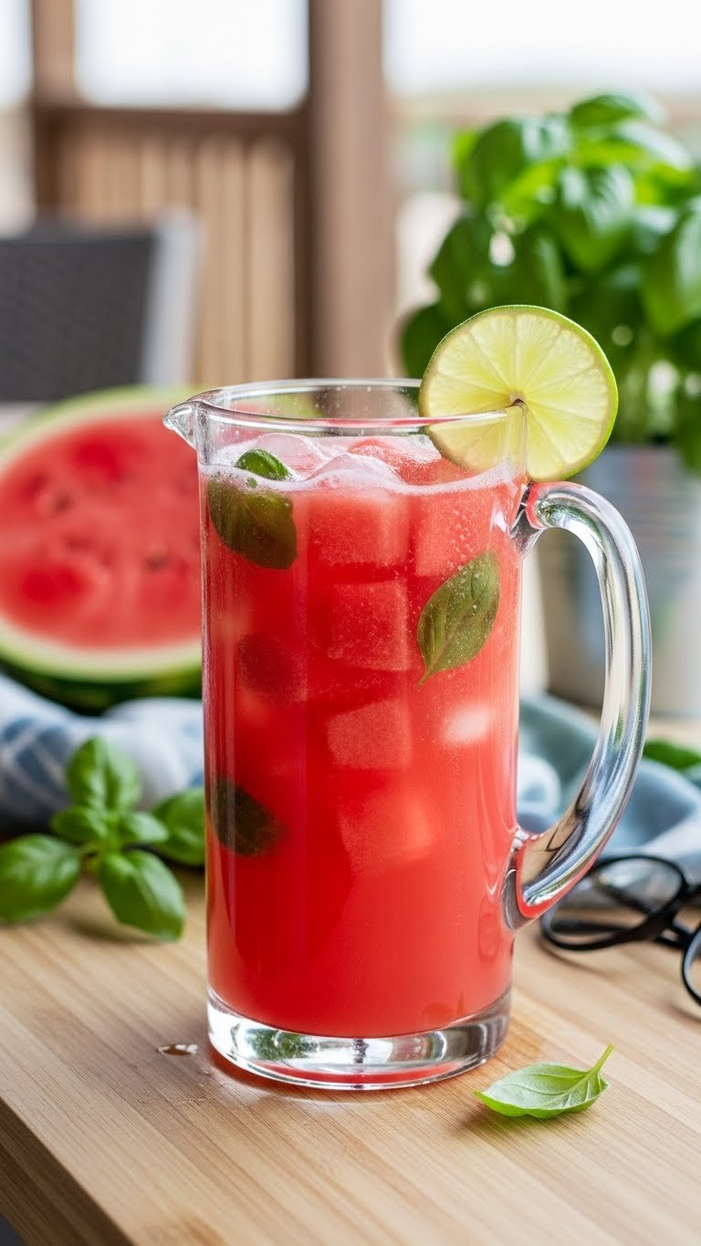 Bright Pink Watermelon Basil Agua Fresca In Vintage Glass Pitcher With Basil Leaves And Watermelon Chunks