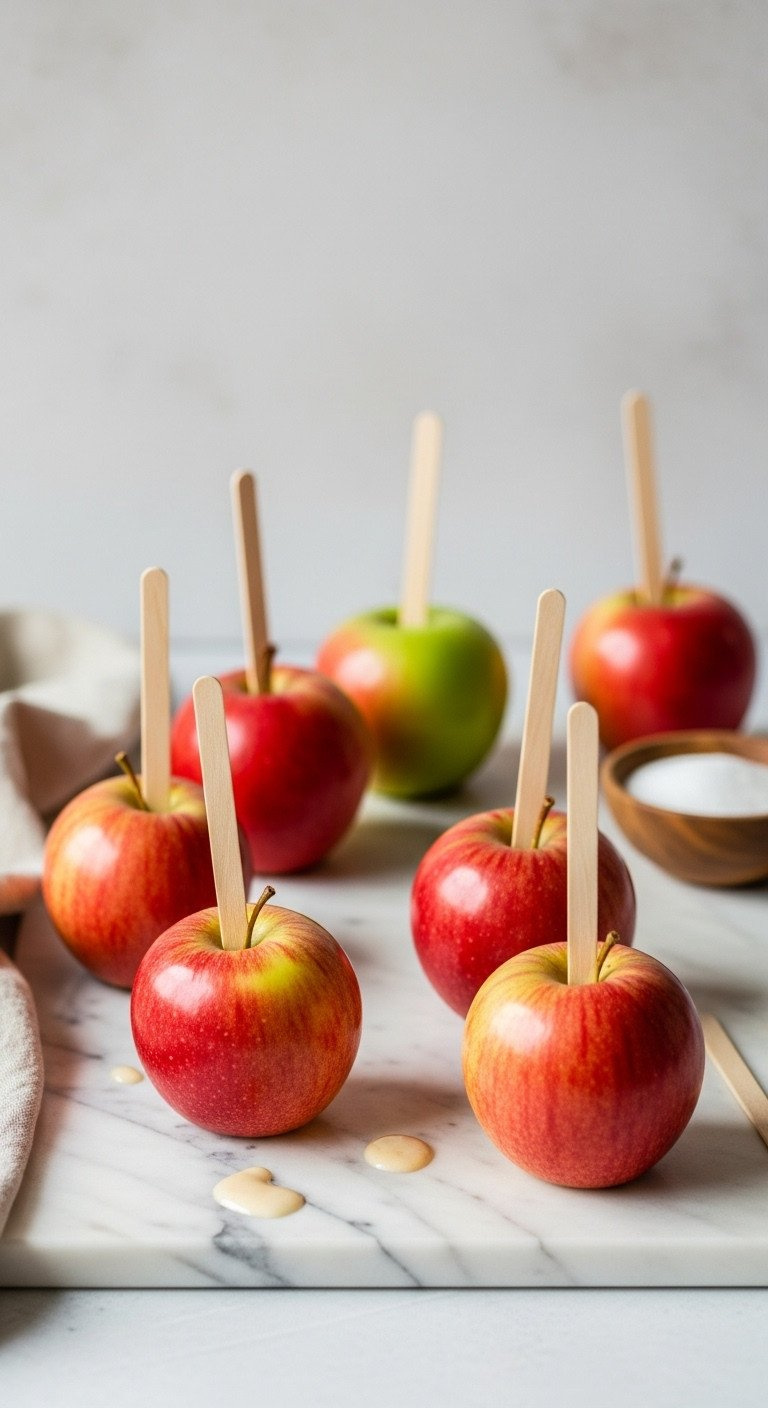 Bright Red And Green Apples With Wooden Sticks For Dipping, Arranged On A Marble Counter With Linen Napkins And Sugar, In A Fresh, Clean Flat Lay.