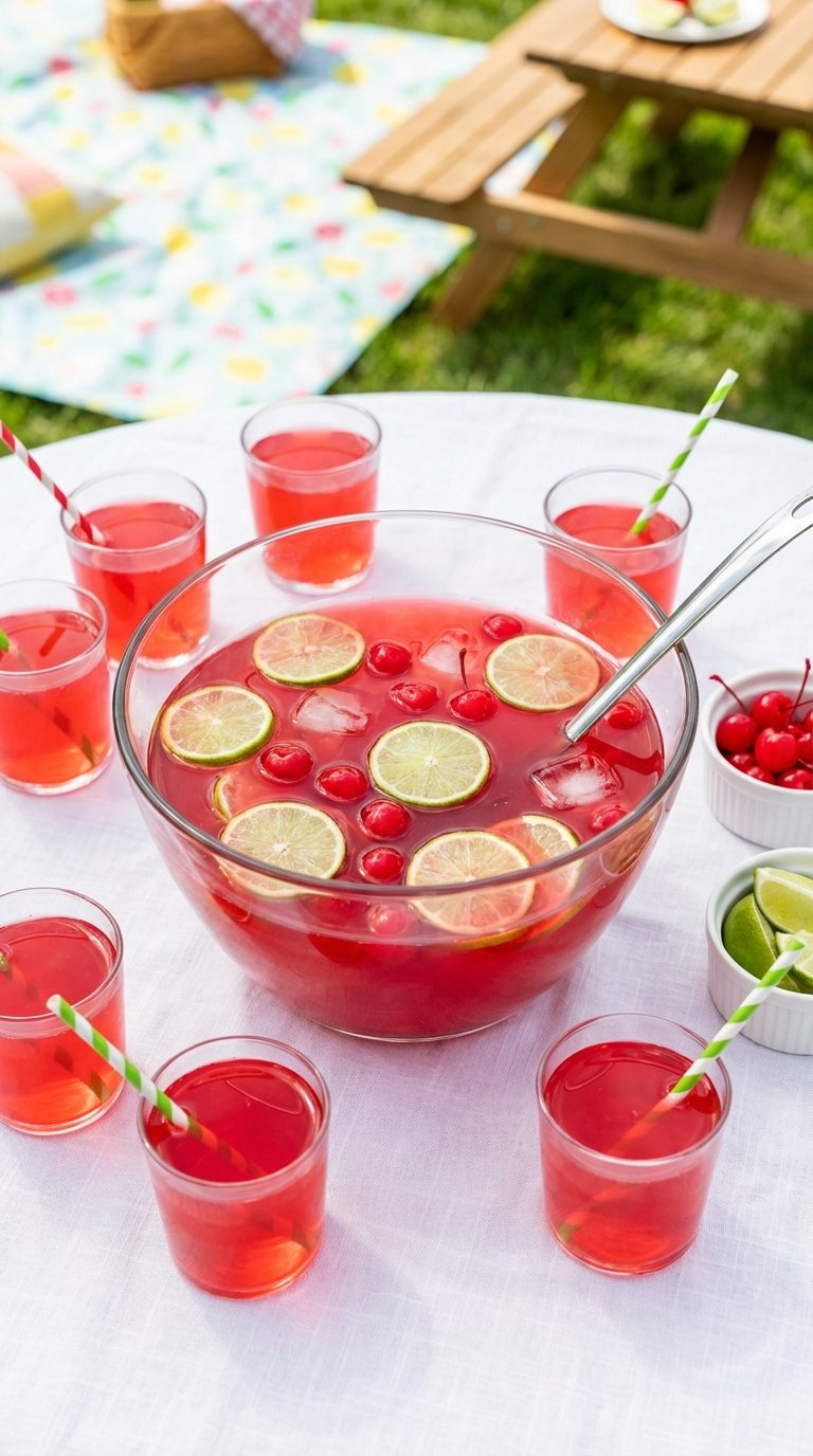 Bright Red Cherry Limeade Punch In Large Clear Glass Bowl With Floating Lime Slices And Maraschino Cherries For Festive Gatherings