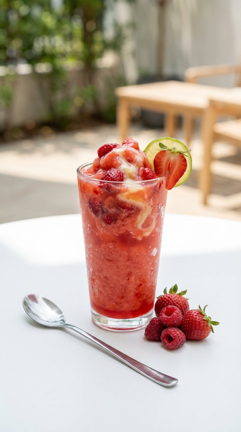 Bright Red Low-Calorie Sonic Fruit Slush With Strawberry Chunks, Syrup Swirl, And Fresh Fruit Garnish