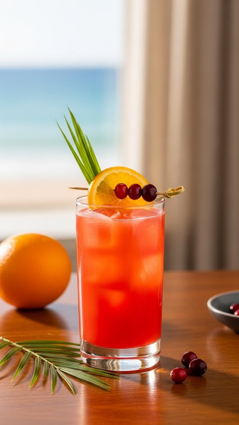 Bright Reddish-Orange Sex On The Beach Cocktail Garnished With Orange Slice And Cranberry Skewer On Polished Bar