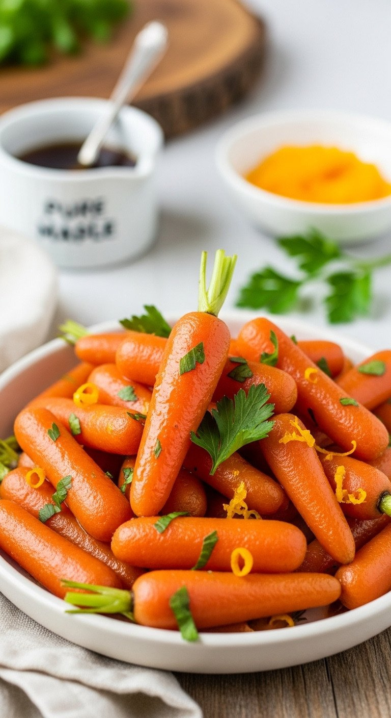 Bright, Uniformly Glazed Baby Carrots Seasoned With Fresh Parsley, Arranged In A Ceramic Serving Bowl. Vibrant Holiday Side.
