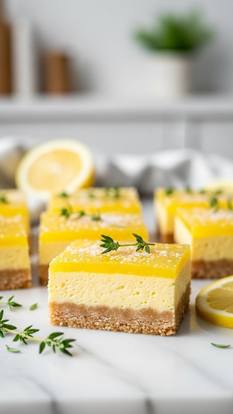 Bright Yellow Greek Yogurt Lemon Bar With Glossy Lemon Layer Atop Golden Crust, Dusted With Powdered Erythritol On Marble Countertop With Lemon Slices