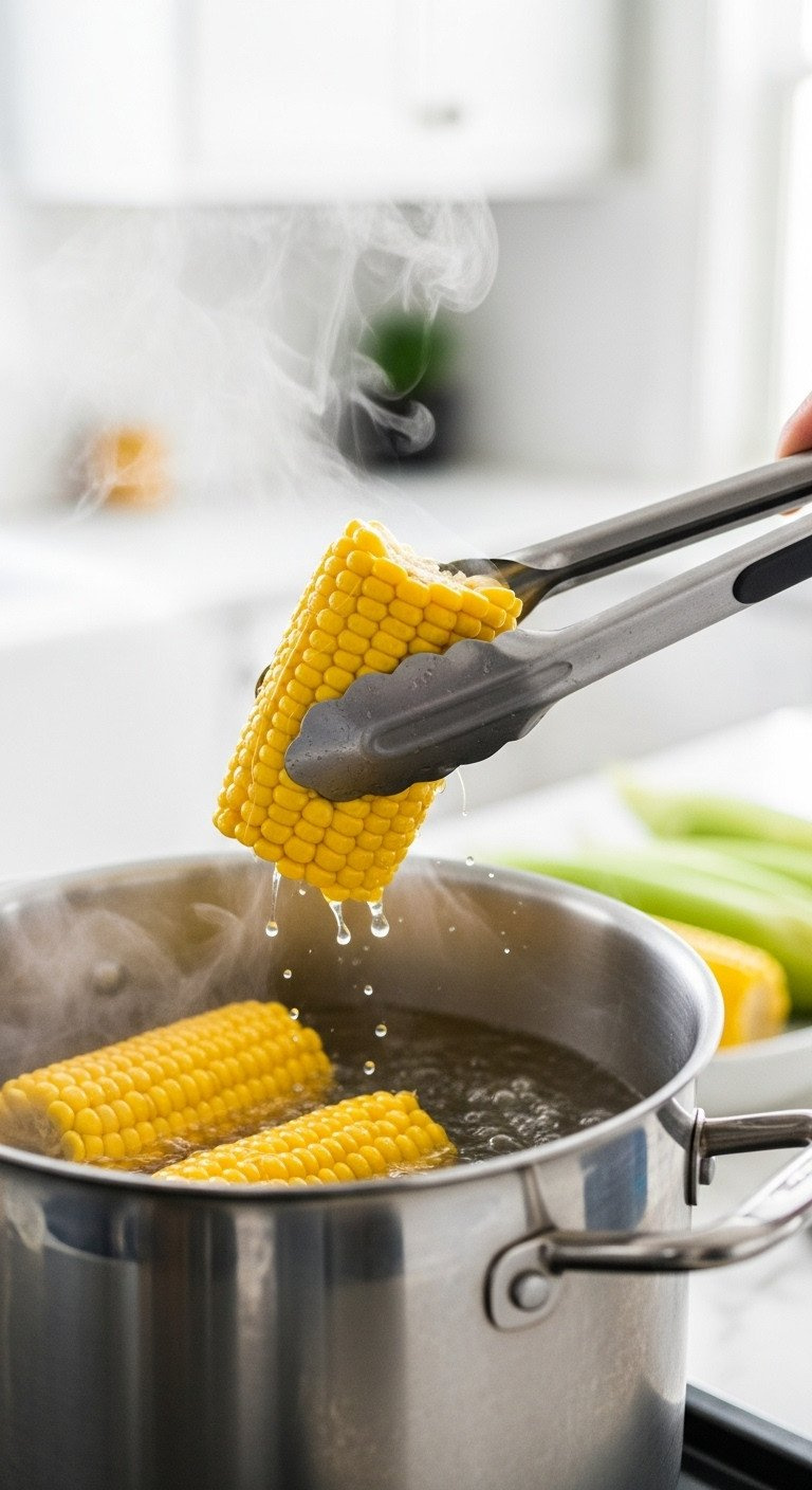 Bright Yellow Corn On The Cob Removed From A Steaming Stainless Steel Pot With Tongs, Glistening, Juicy Kernels, Healthy Kitchen Cooking.