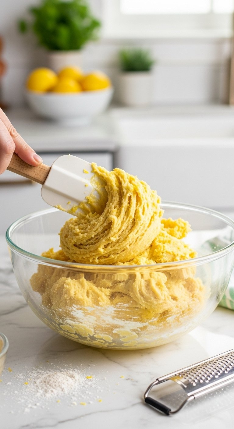 Bright Yellow Lemon Cookie Dough Mixed In A Glass Bowl With Zest Flecks On A Marble Counter.