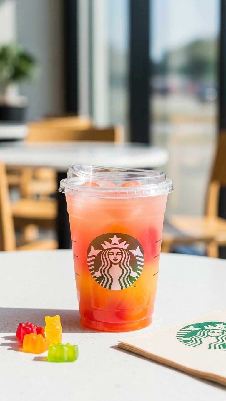 Brightly Colored Starbucks 'Gummy Bear' Secret Menu Refresher In Plastic Cup With Gummy Bears