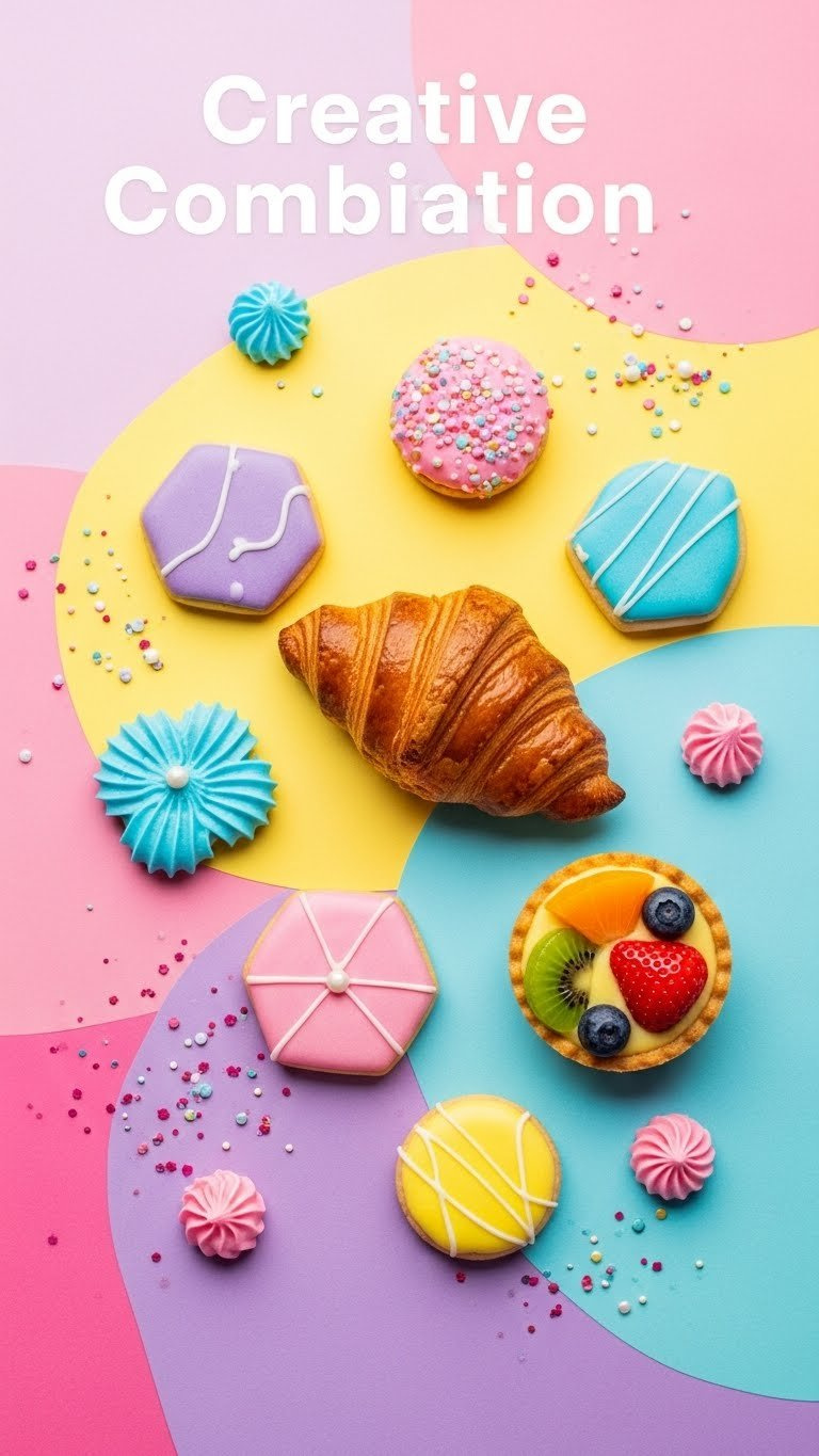 Brightly Colored Geometric Cookies And Swirled Croissant Arranged On Abstract Gradient Background With Vibrant Colors