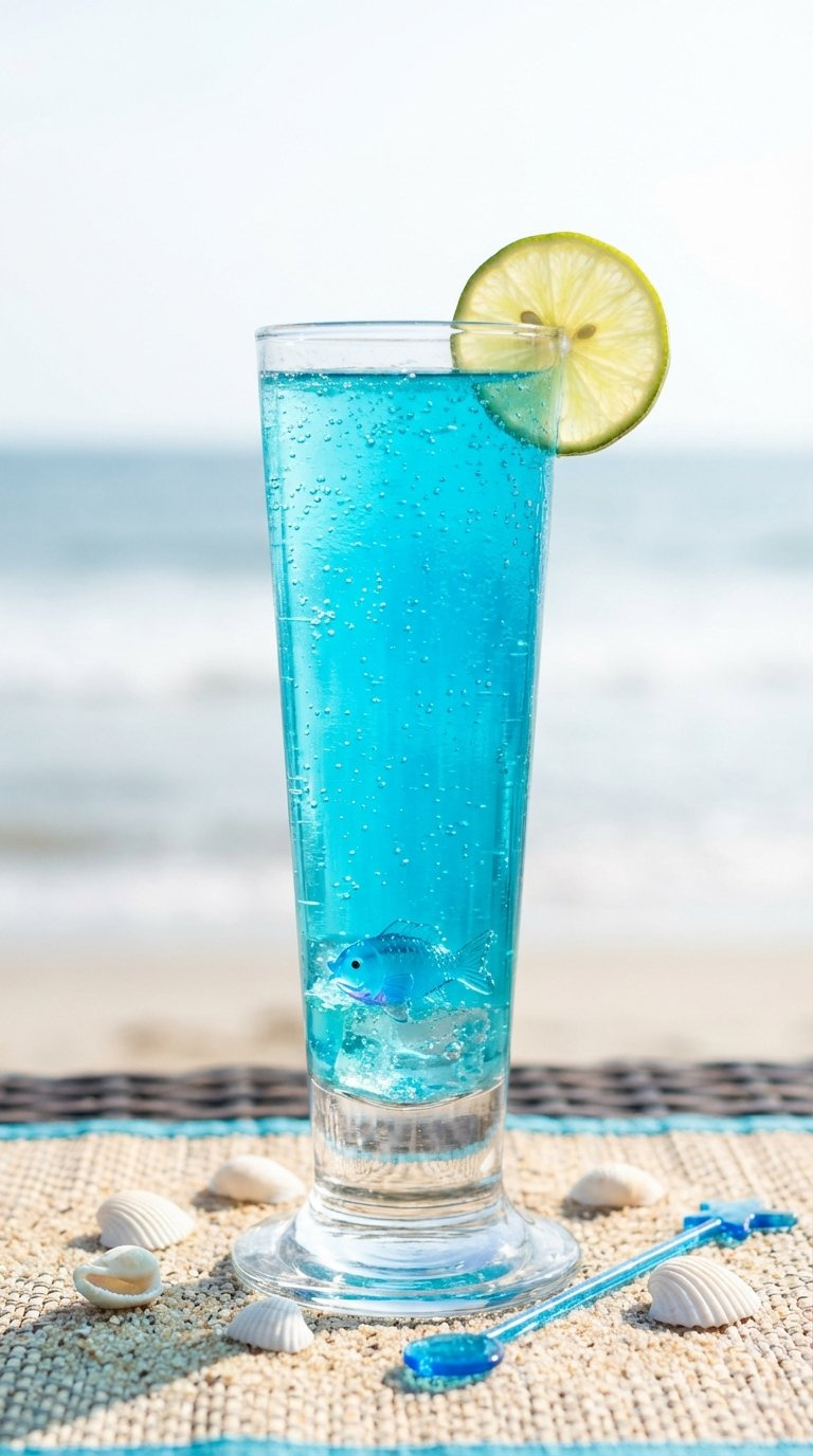 Brilliant Blue Ocean Sparkler Drink In Tall Glass With Lime Slice And Toy Fish On Beach-Themed Placemat