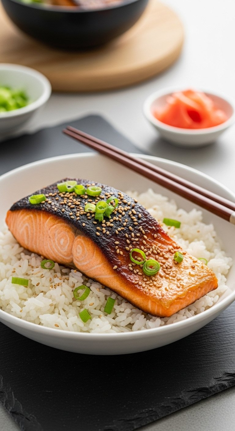 Broiled Japanese Miso Salmon Fillet With Caramelized Glaze Served Over White Rice.