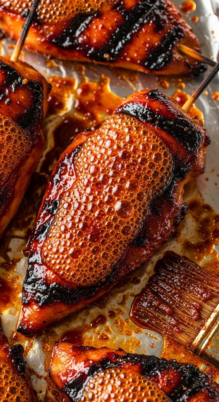 Broiled Chicken Breast Skewers With Deeply Caramelized And Charred Gochujang Glaze Arranged On A Foil-Lined Baking Sheet.