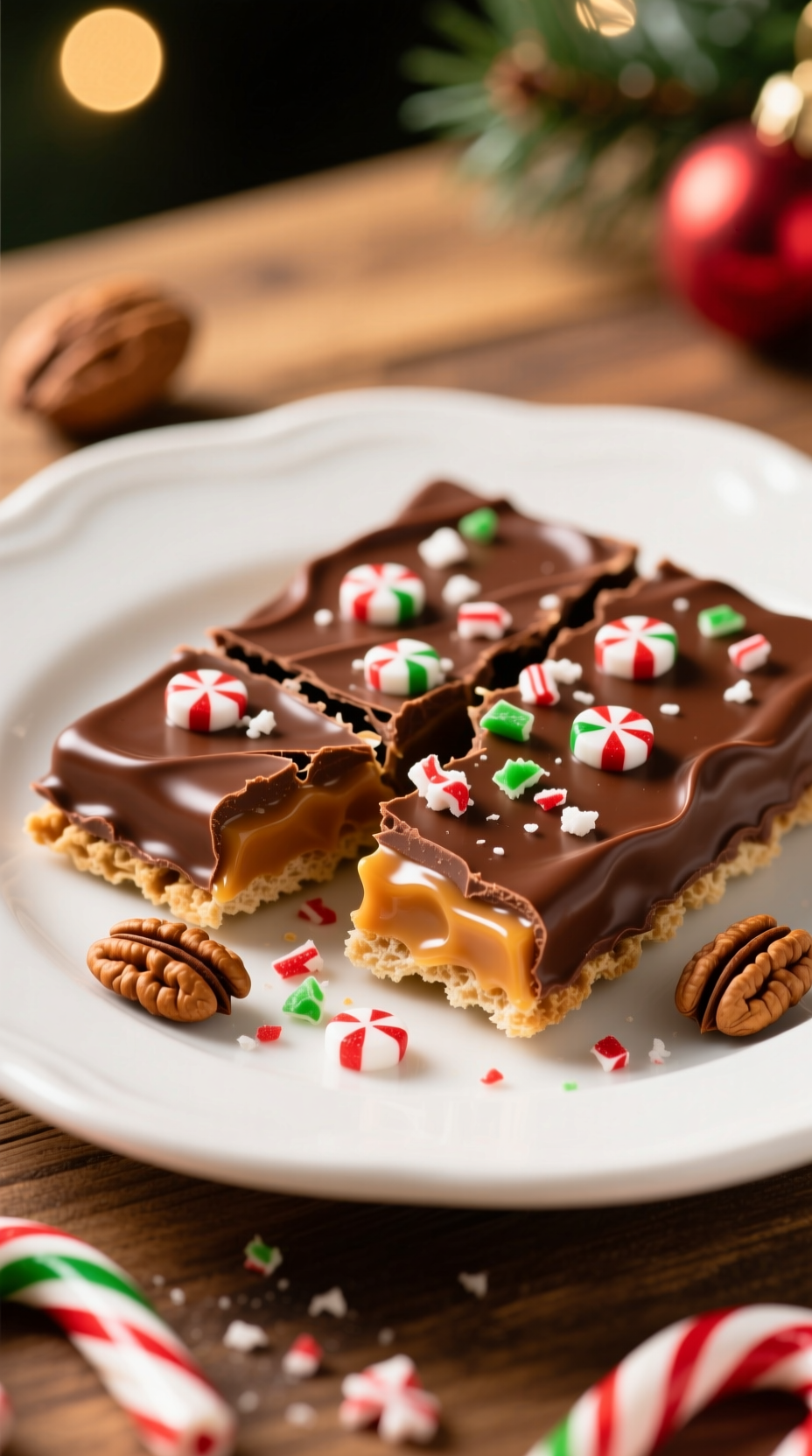 Broken Christmas Crack Saltine Toffee, Glossy Caramel, Melted Chocolate, And Crushed Peppermint On White Plate, Pecans On Wood Table.