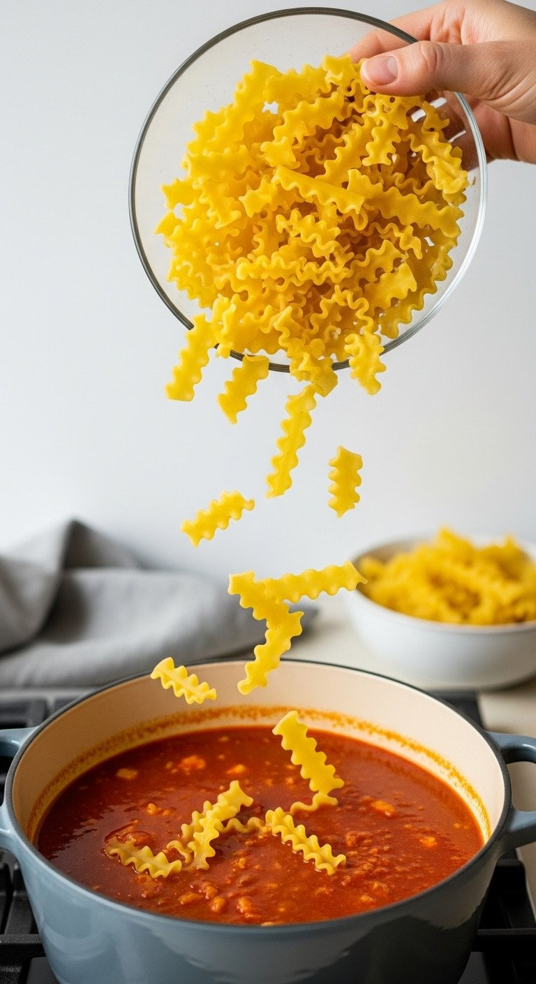 Broken Lasagna Noodles Are Added To Rich Red Simmering Soup In A Dutch Oven, A Key Cooking Step For A Hearty Recipe.