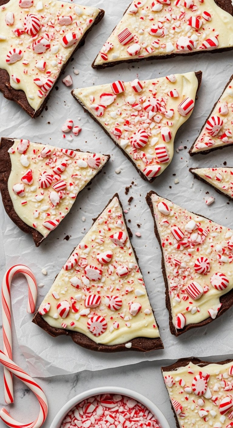 Broken Pieces Of Layered Peppermint Bark With Dark And White Chocolate, Sprinkled With Crushed Candy On A Cool Marble Slab.