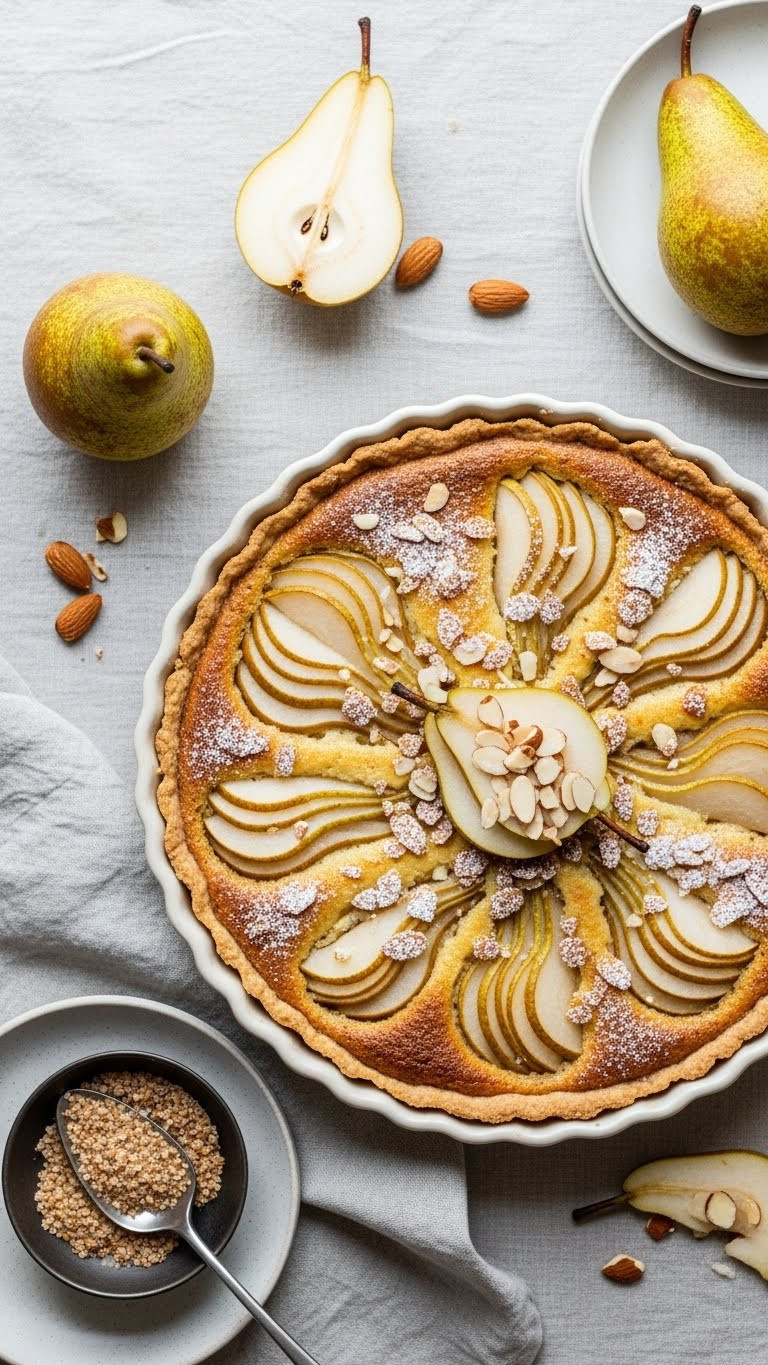 Brown Butter Pear And Almond Tart Overhead Flat Lay