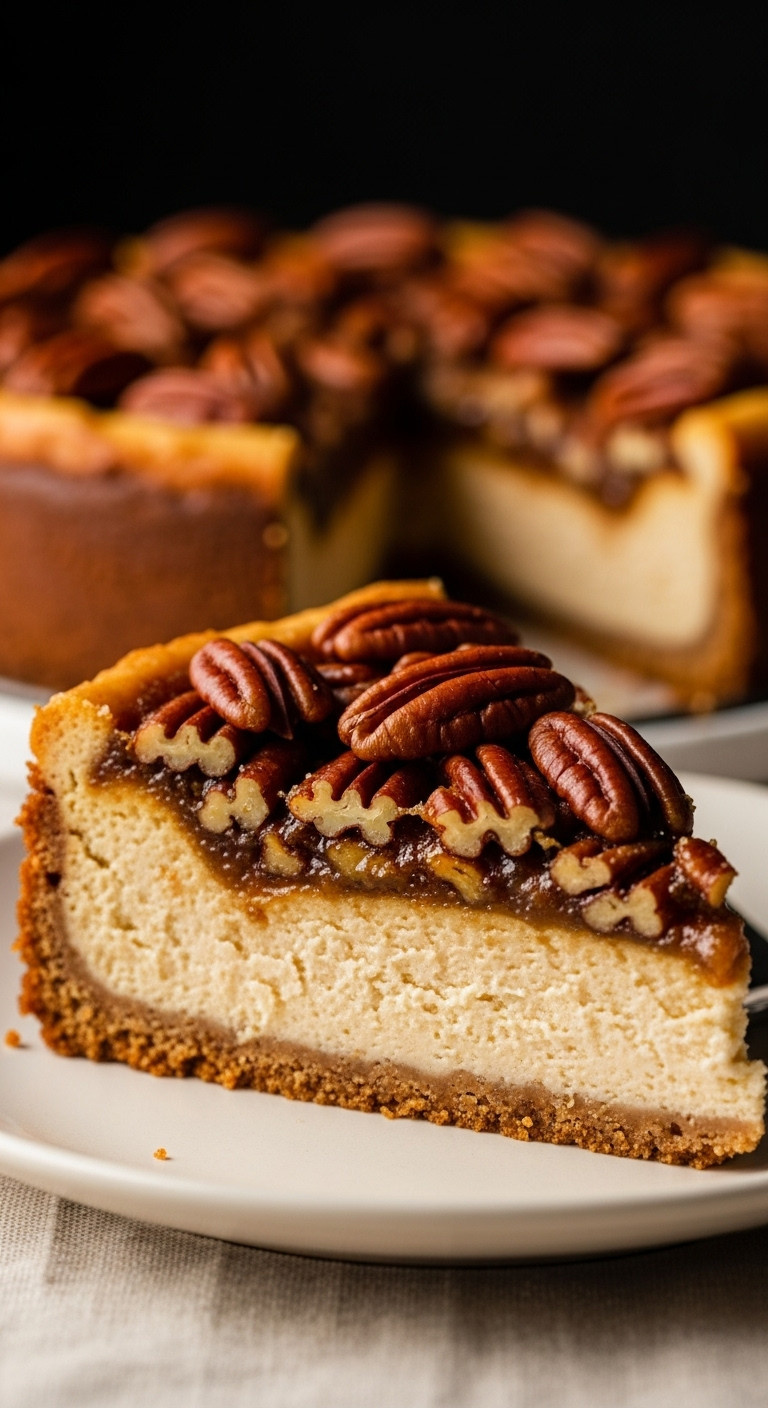Brown Butter Pecan Pie Cheesecake Slice With Gooey Pecan Filling, Brown Butter Base. Cream Plate, Linen, Warm Golden Light.