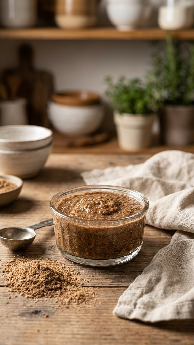 Brown Flax Egg Gel In A Clear Ramekin On A Rustic Wooden Table With Ground Flaxseed And Spoon, Ready For Vegan Baking.