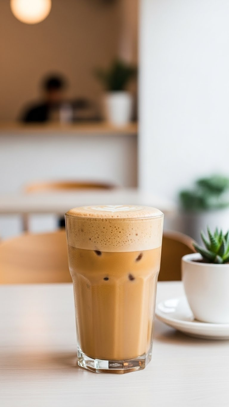 Brown Sugar Cold Foam Iced Coffee In Tall Glass With Frothy Topping And Succulent Plant On Minimalist Table
