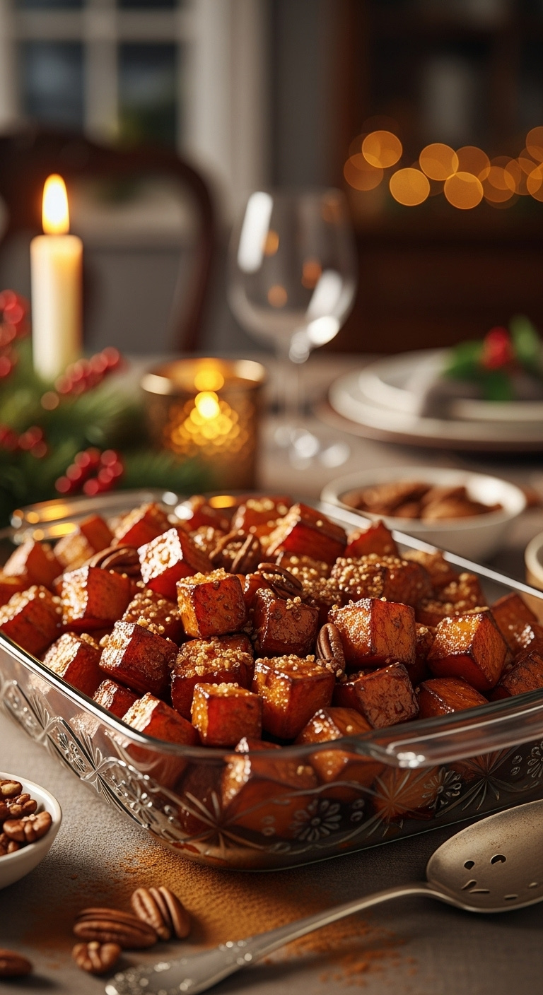 Brown Sugar Glazed Roasted Sweet Potato Cubes With Bubbling Glaze And Pecans In An Ornate Glass Dish