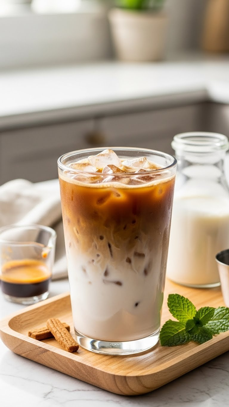 Brown Sugar Oatmilk Shaken Espresso In Transparent Glass With Ice And Creamy Gradient On Wooden Tray