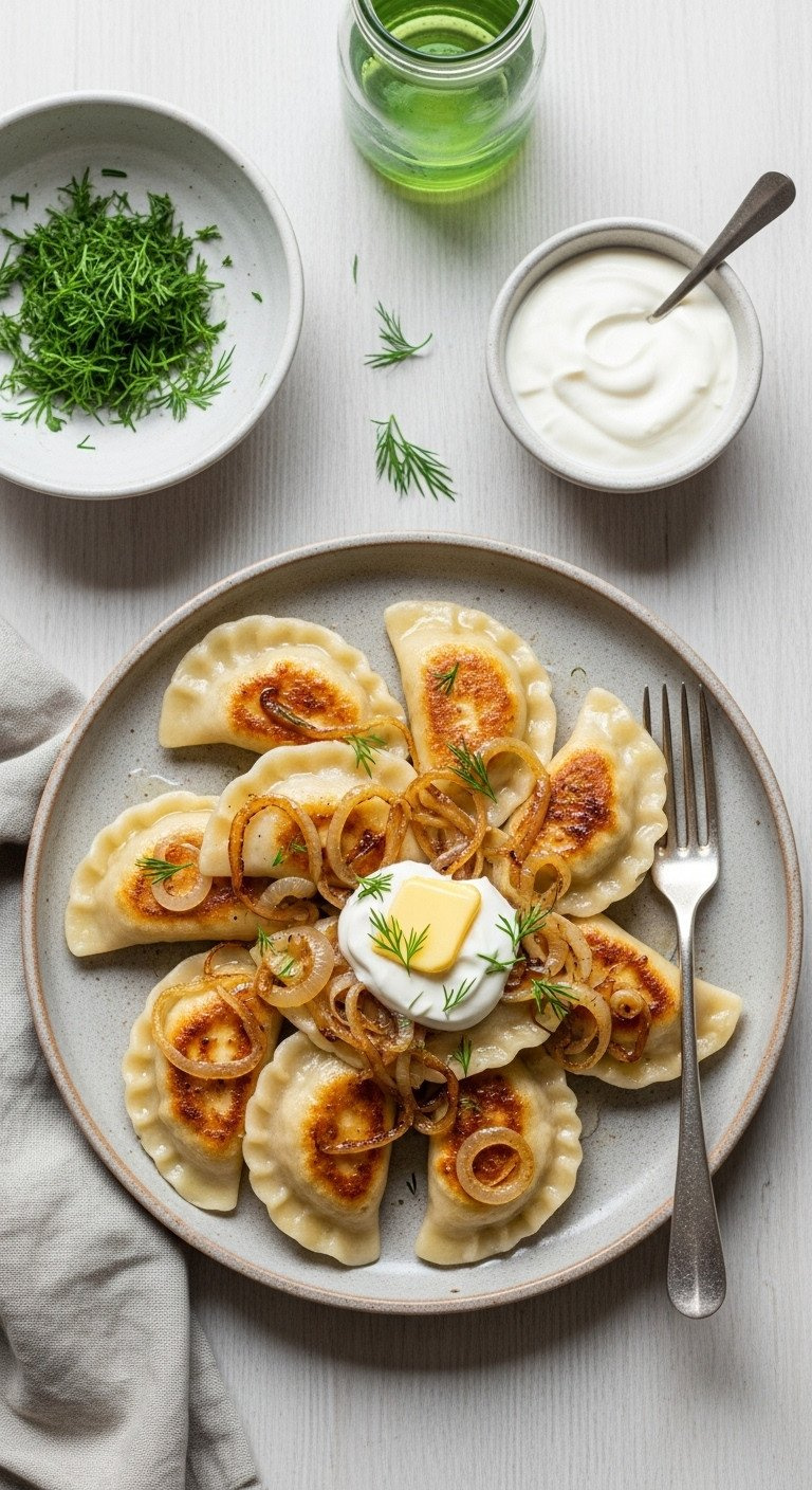 Browned Polish Pierogi With Melted Butter, Caramelized Onions, Sour Cream, Fresh Dill. Traditional Savory Dumplings.