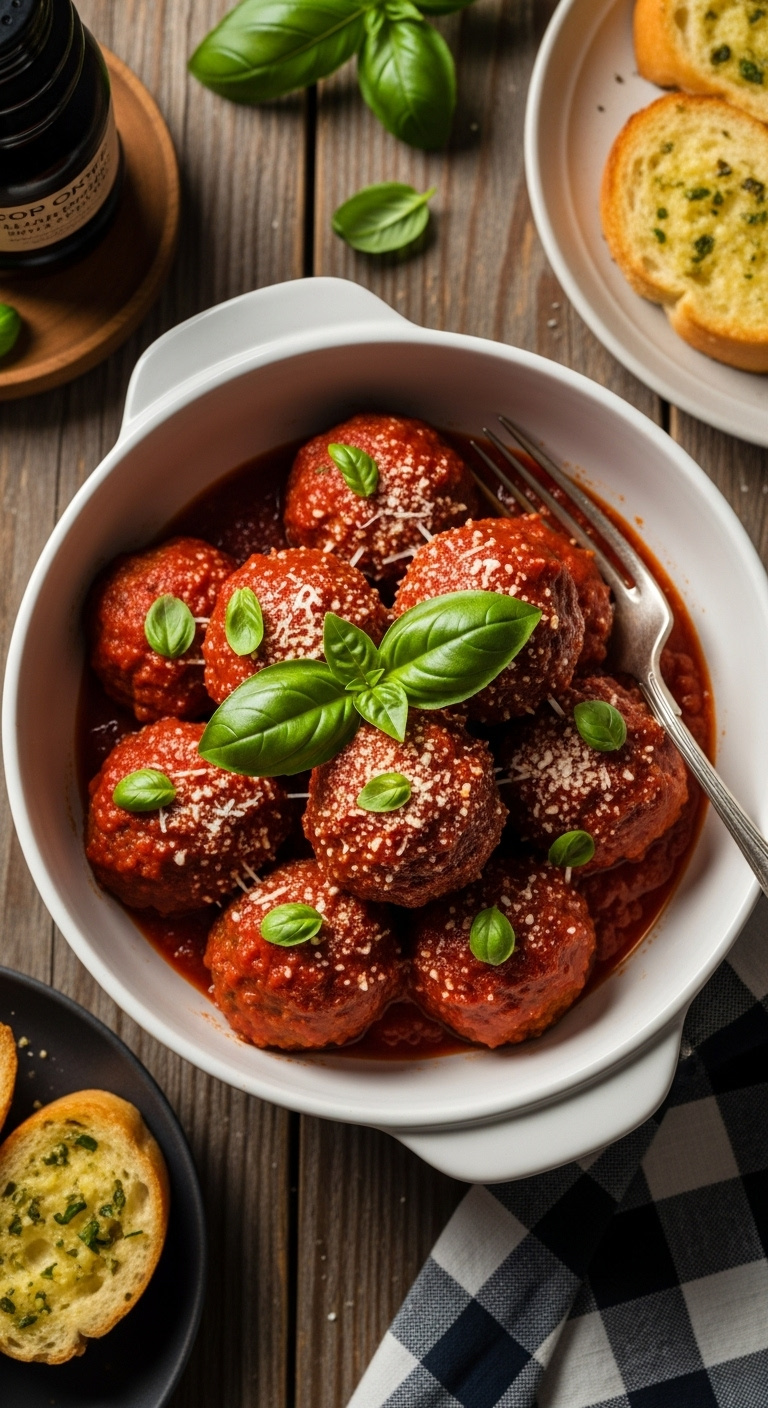 Browned Air Fried Meatballs In Marinara Sauce With Basil And Parmesan In A White Bowl With Garlic Bread