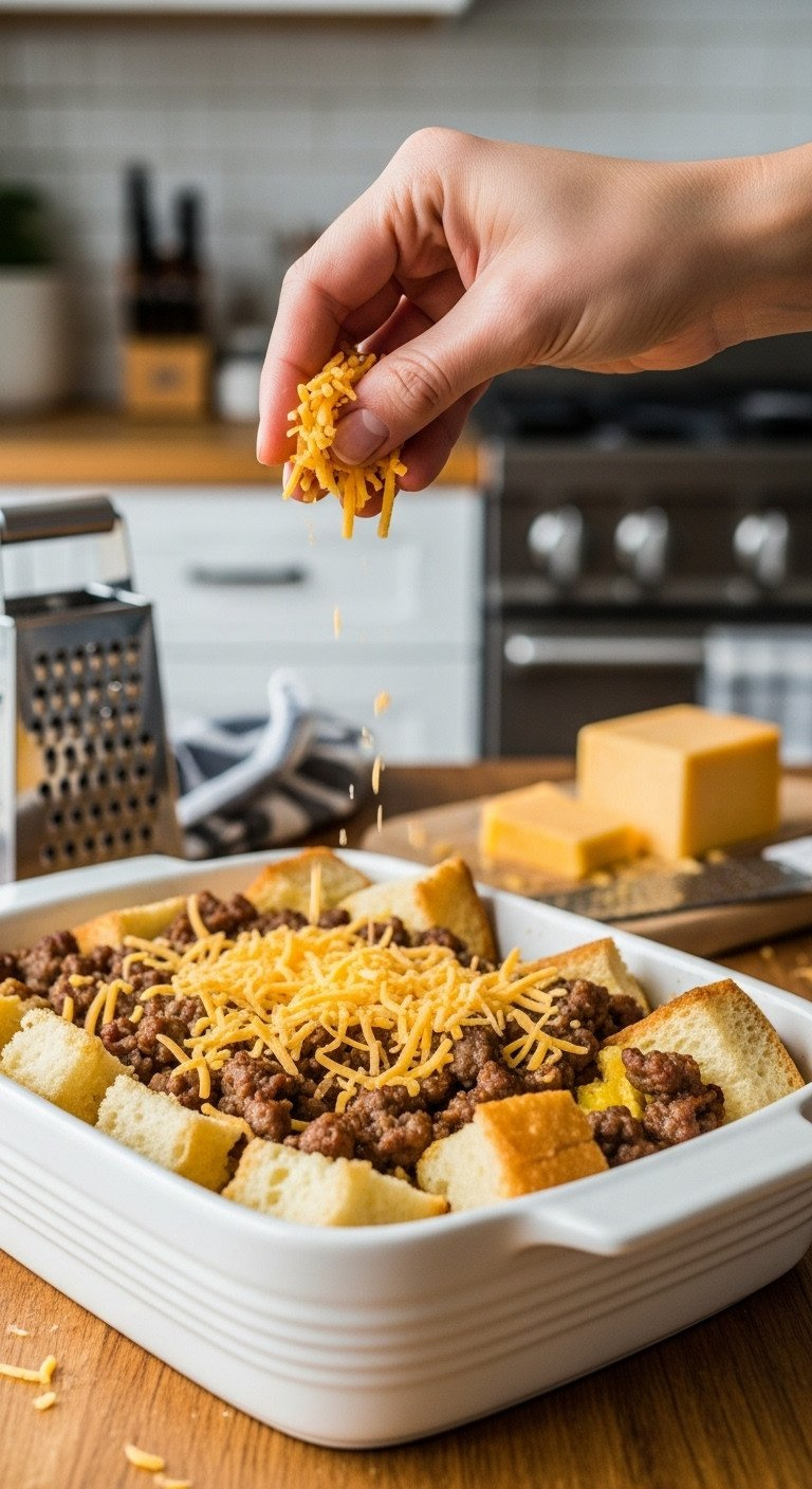 Browned Crumbled Breakfast Sausage With Diced Yellow Onion In A Stainless Steel Skillet On A Stovetop, Prepped For Recipe.