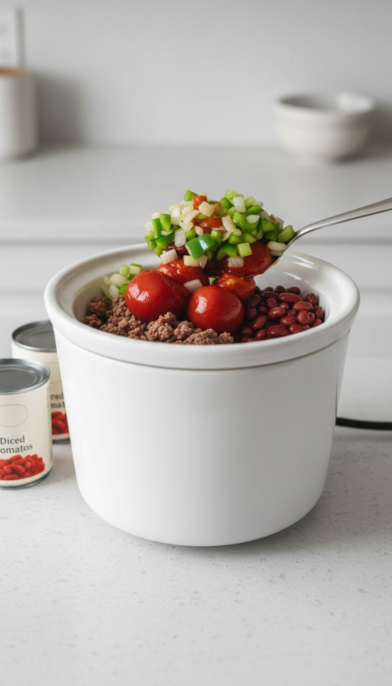 Browned Meat, Sautéed Vegetables, Tomatoes, Kidney Beans Layered Into A White Ceramic Slow Cooker Insert. Canned Goods On Quartz Counter.
