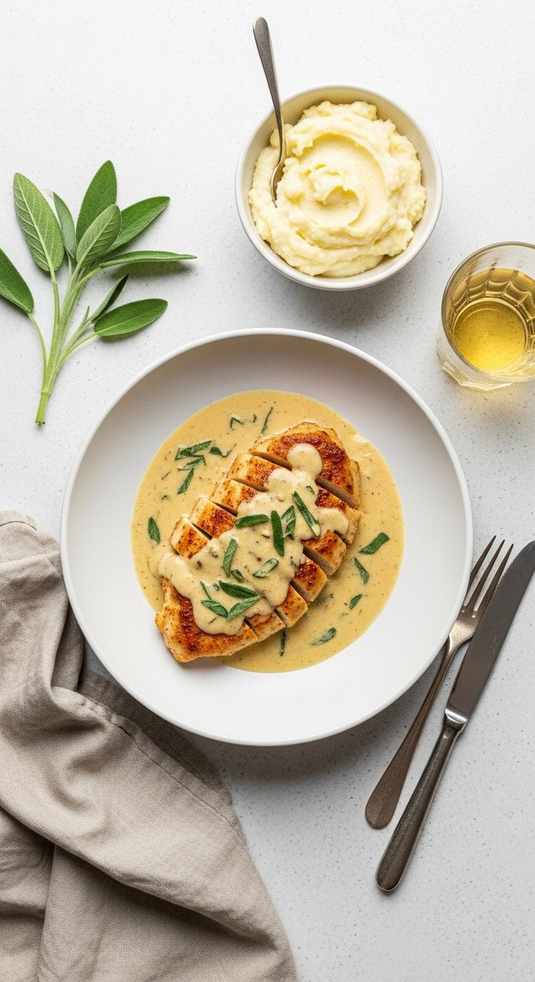 Browned, Thin-Sliced Chicken Cutlets With A Creamy Sage Pan Sauce, Garnished With Fresh Sage, In An Elegant White Bowl.