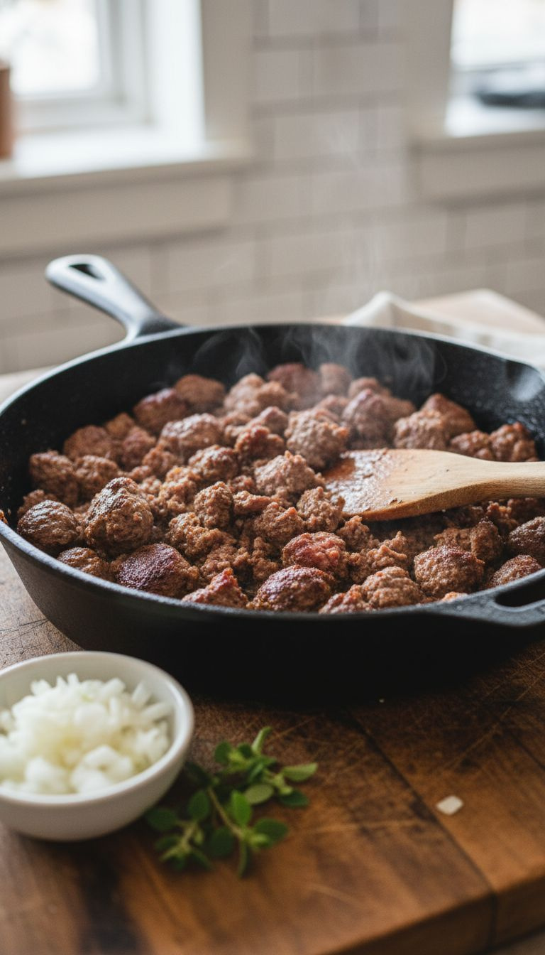 Browning Ground Beef And Italian Sausage In A Cast-Iron Skillet, Broken Up With A Wooden Spatula. Diced Onions, Oregano Nearby. Cozy Kitchen Setting.