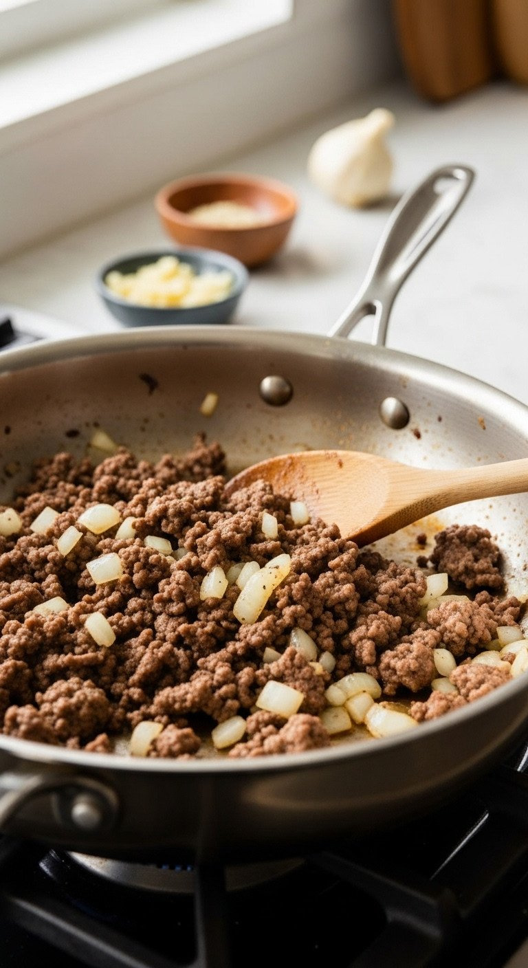 Browning Ground Beef And Italian Sausage With Diced Yellow Onion In A Stainless Steel Skillet On A Stove For A Recipe.