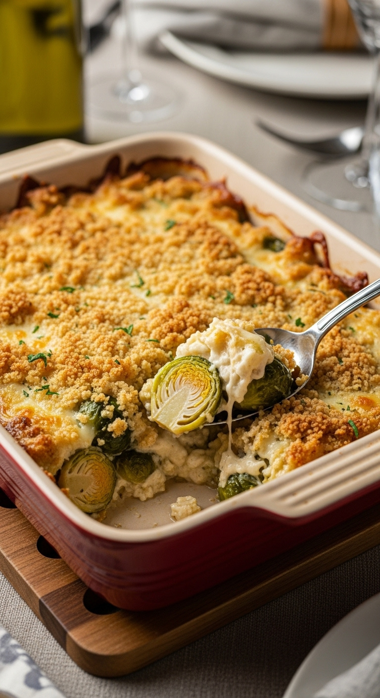Brussels Sprouts Gratin In A Ceramic Baking Dish With A Golden Crust And Creamy Interior On A Wooden Trivet