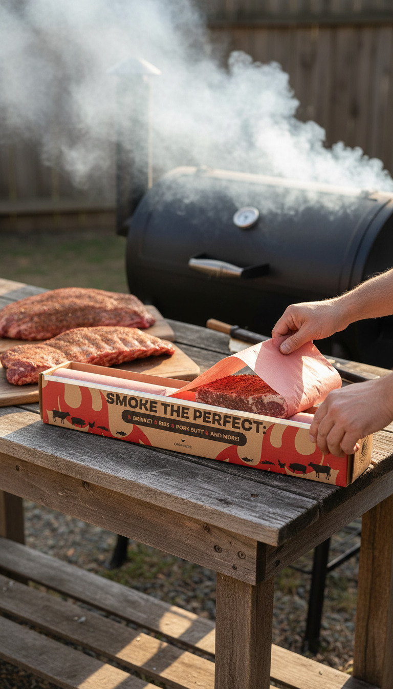 A Roll Of Bryco Goods Pink Butcher Paper Next To A Smoked Brisket On A Cutting Board.